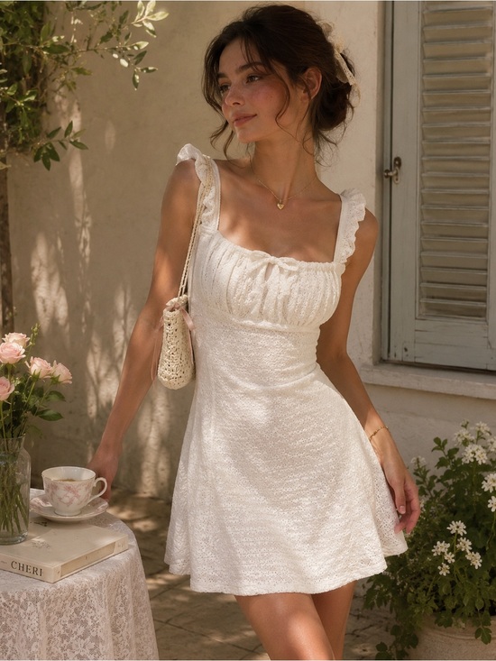 Madden Girl Dresses & Skirts - Milkmaid White Lace Mini Dress Stretchy Bow  Ruffle Strap Cottagecore Coquette L